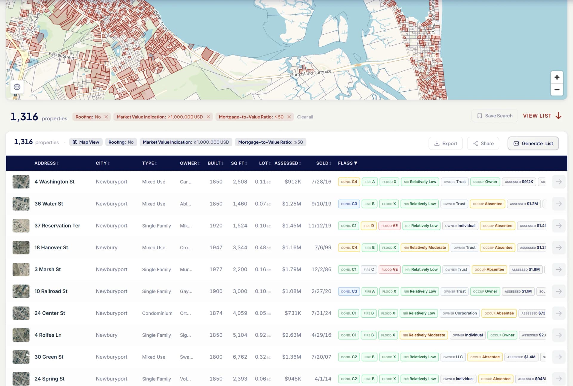 NE Provenance search cockpit with filters, flood zone overlay, and 889 matching properties on the map