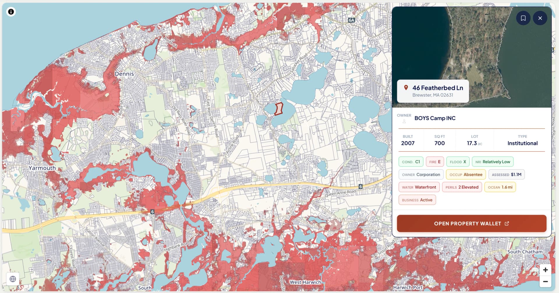 NE Provenance map view showing property intelligence across Cape Cod