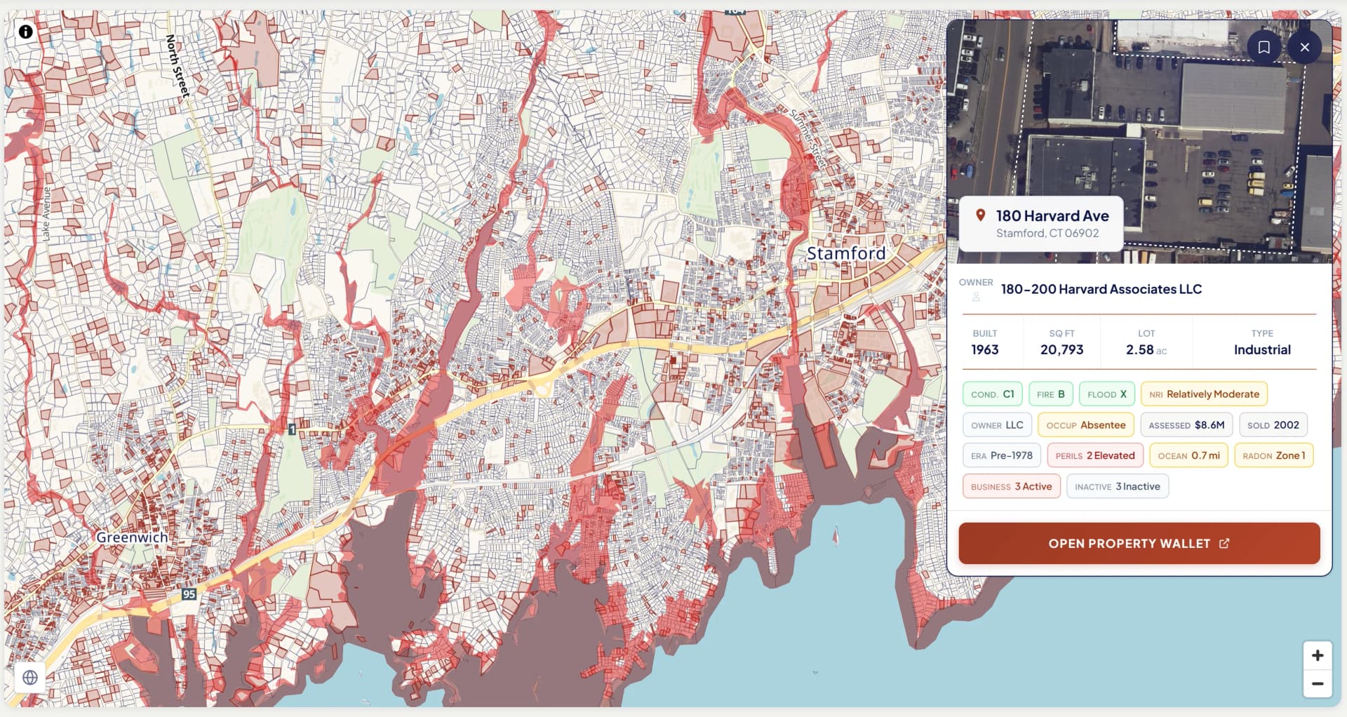 NE Provenance search cockpit showing coastal properties with flood zone overlay, filter panel, and condition badges