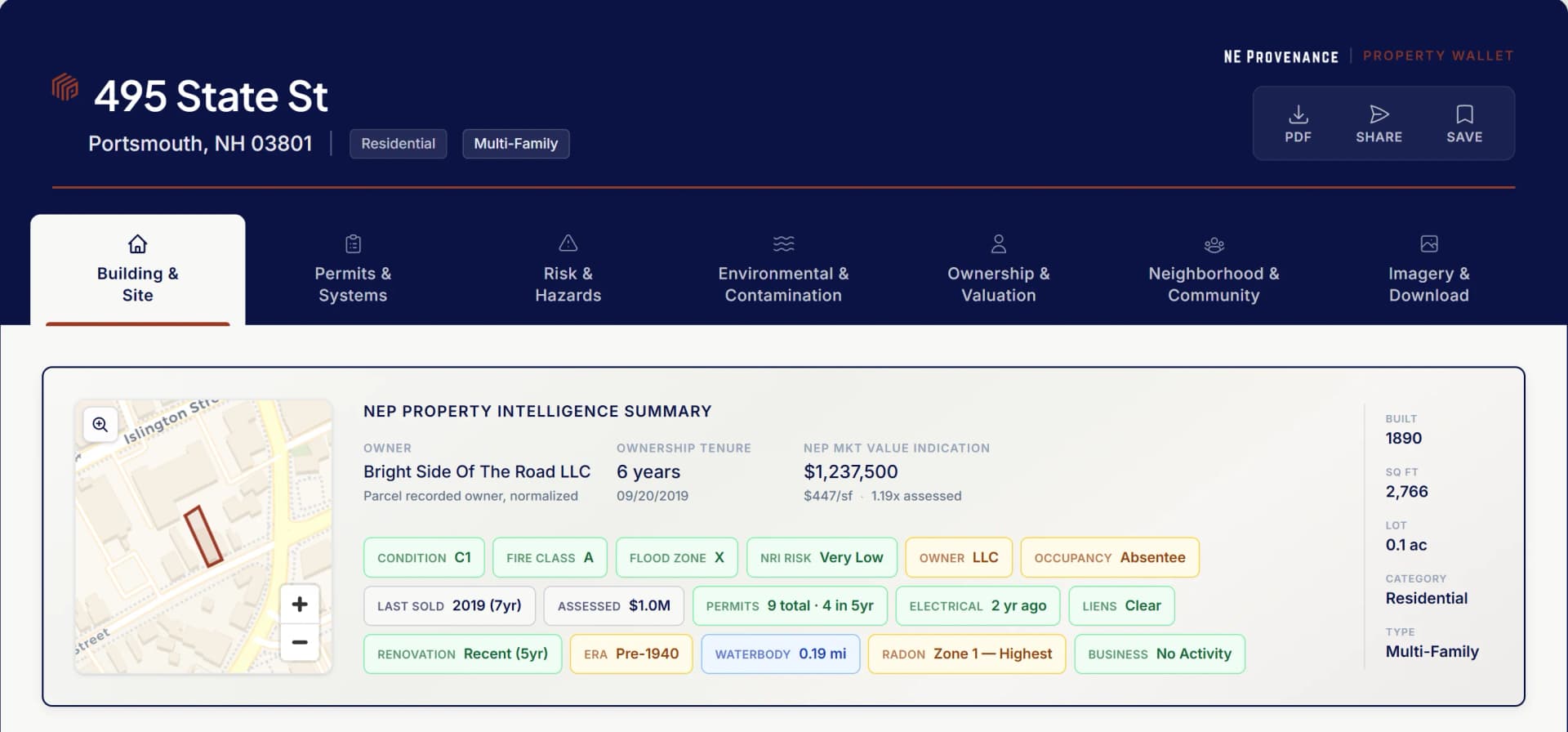 Property Wallet address intelligence summary showing condition, fire class, flood zone, systems age, and ISO classification