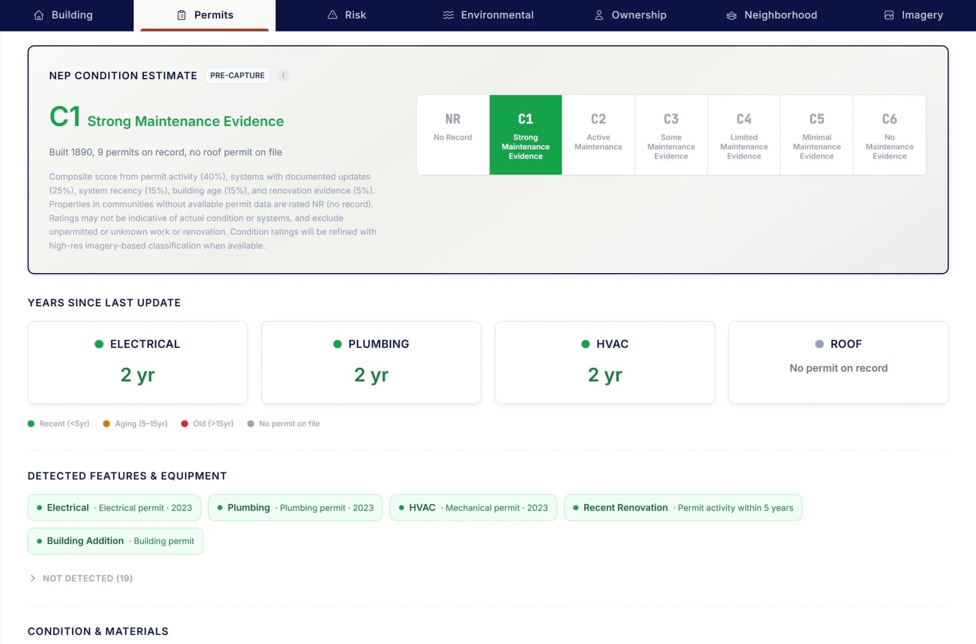Property Wallet condition tab showing condition rating and systems age detail