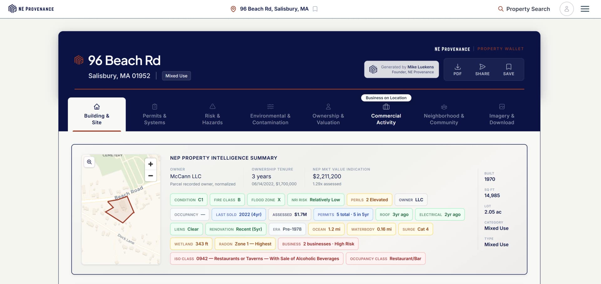 Property Wallet intelligence summary with condition rating, fire protection grade, flood zone, MVI, ownership, and 430+ attributes across 8 tabs